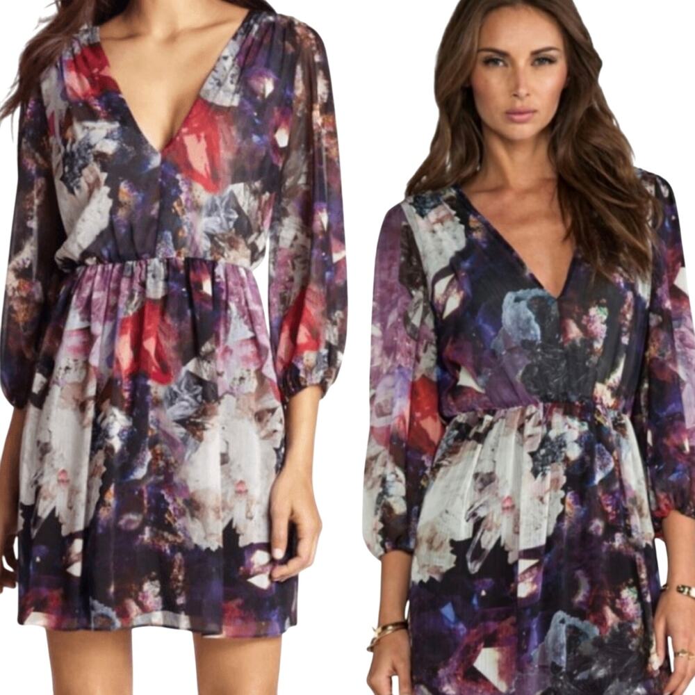 Alice + Olivia Crystal Garden Skater Mini Dress Fit & Flare Silky V Neck XS